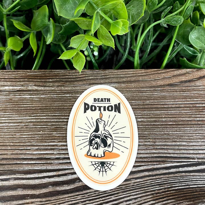 Etichetta Pozione della Morte, Adesivo in Vinile Sagomato, Teschio e Candela, Boho Divertente, Resistente all'Acqua, Halloween Spettrale | Adesivo o Magnete per la vendita all'ingrosso da parte di Handmade by Marlayna