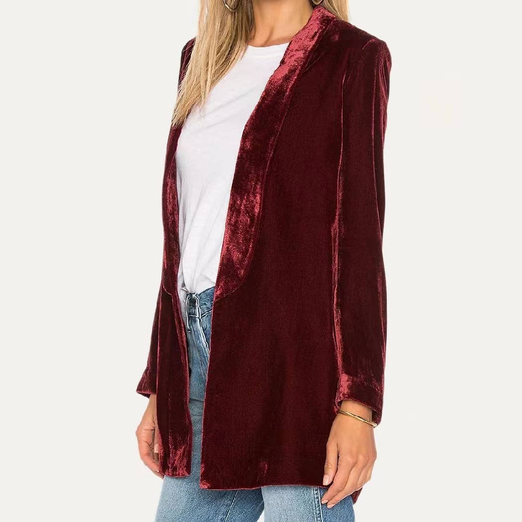 The Moment Collection - Wholesale Blazer - Women's - Trendy Velvet Solid Open Front Lightweight Blazer2