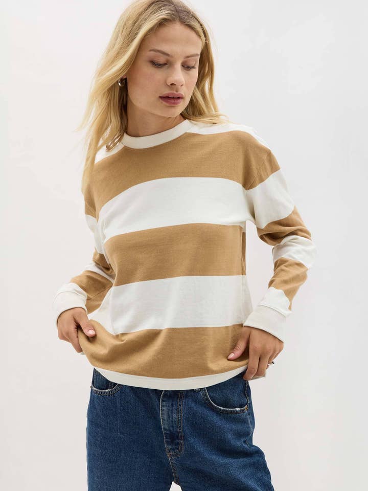Womens Beefy Stripe Cotton Pullover - Pima Cotton Jersey - Khaki Stripe and other Purchase Wholesale pep rally pullover. Free Returns & Net 60 Terms on Faire trending on Faire.