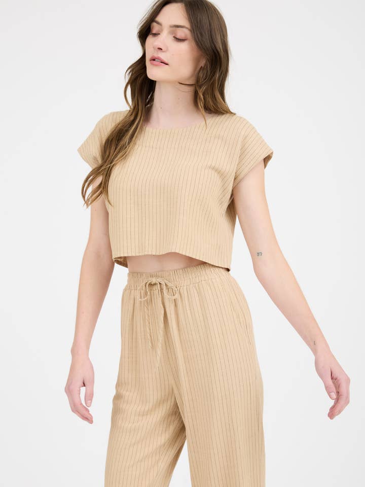 Blu Pepper - Wholesale Blouse - Dames - PINSTRIPE ACHTERKNOOP KORTE MOUW LINNEN TOP2