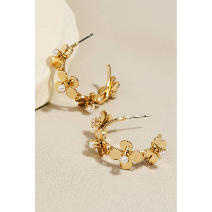 G Pearl Studded Metallic Flower Hoop Earrings for wholesale on Faire