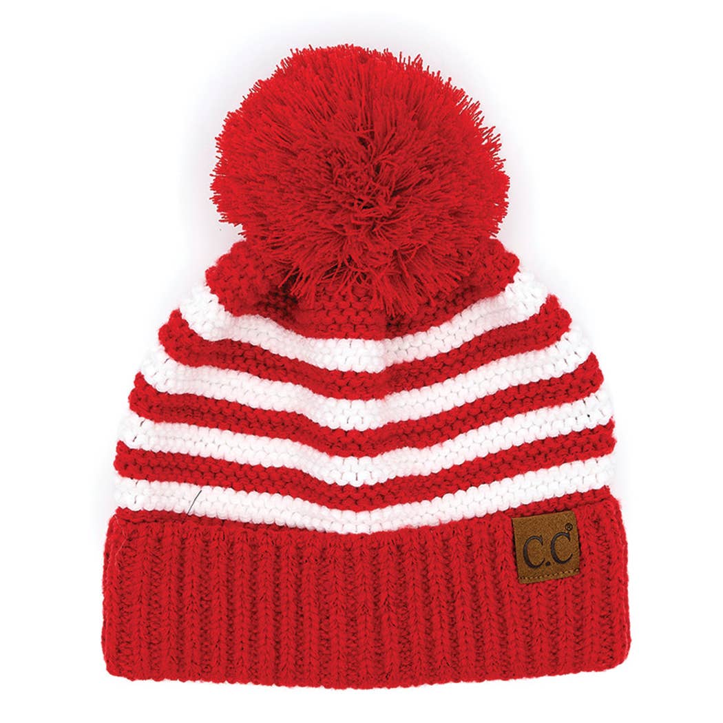 Fashion City - Vente Bonnet – femme - Bonnet tricoté à rayures avec pompon1