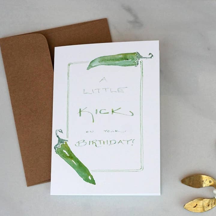 "A Little Kick on Your Birthday" Chile Card, A7 for wholesale by Red Chile Design Co