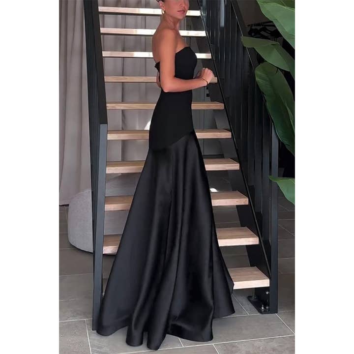 UNISHE - Wholesale Dress - Women's - Strapless Satin Sleeveless Colorblock Bodycon Dress JRM128