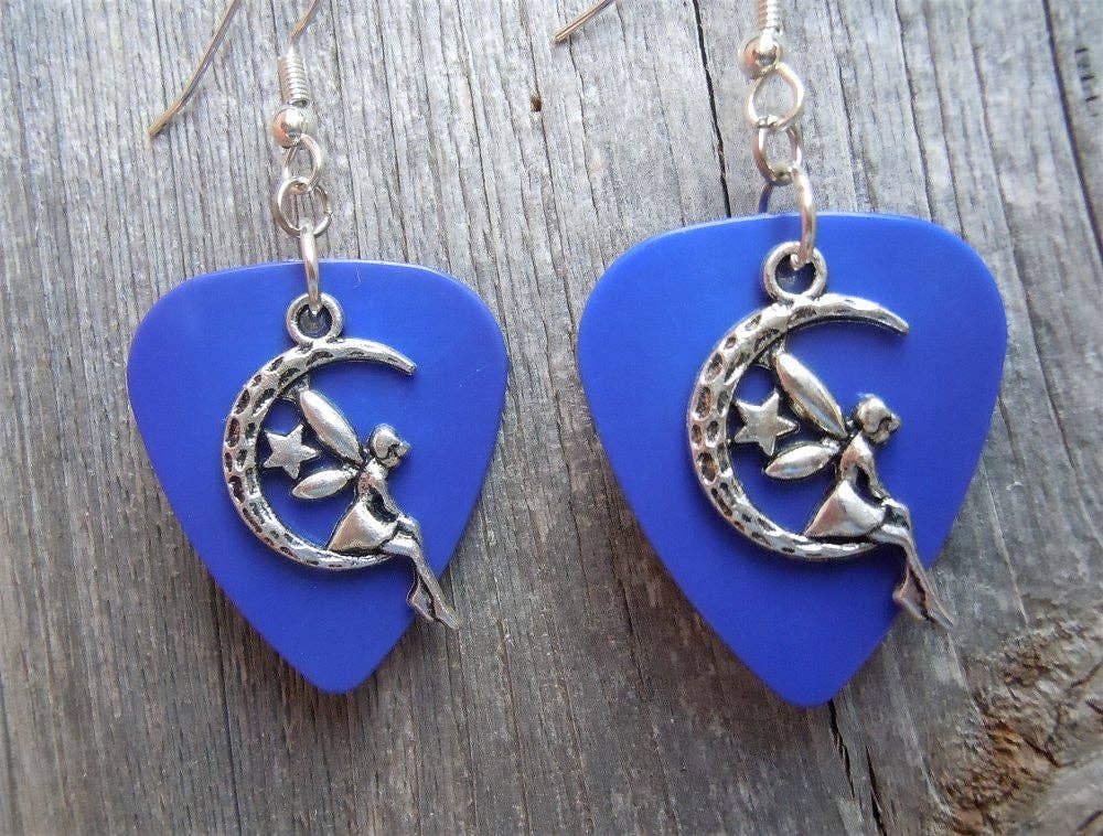 Simply Raevyn - Wholesale Dangle Earrings - Fairy on the Half Moon Charm Guitar Pick Earrings4