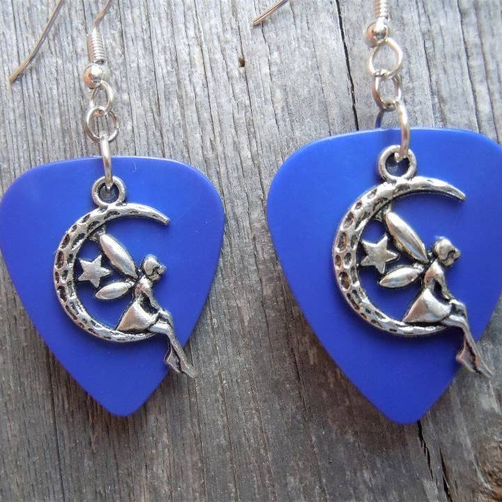 Simply Raevyn - Wholesale Dangle Earrings - Fairy on the Half Moon Charm Guitar Pick Earrings4