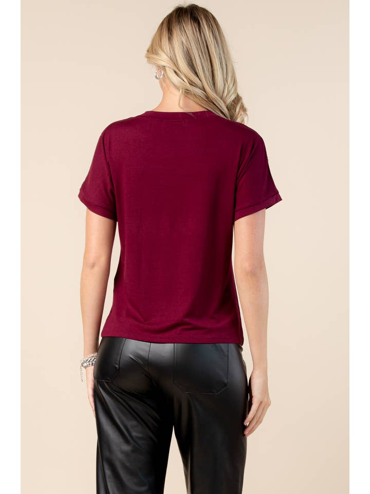 Nylon Apparel - Wholesale Blouse - Women's - T1639-Carmella-Solid Foil V Neck Short Sleeves Top4