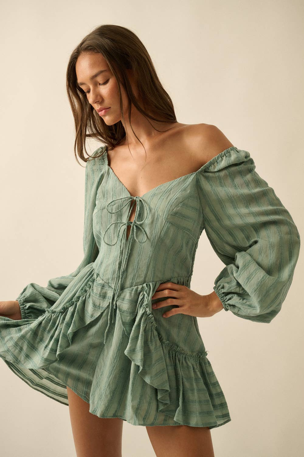 Promesa USA - Wholesale Romper - Women's - Textured Tonal-Stripe Ruffled Tie-Front Romper3