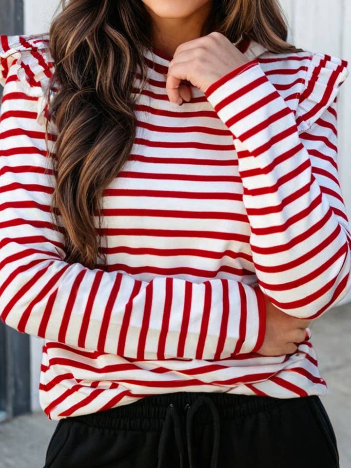 LAS Stripe Round Neck Ruffle Trim Long Sleeve Top (S-XL) for wholesale by LA Society