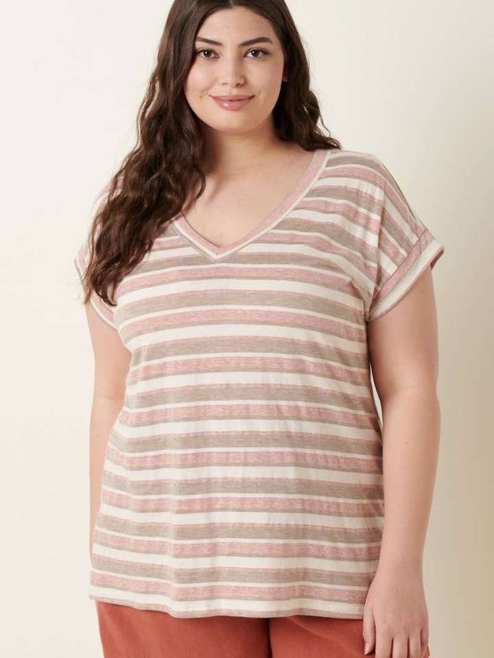 T10294PLA-PLUS TRIBLEND MULTI STRIPE DOLMAN TOP for wholesale by mittoshop