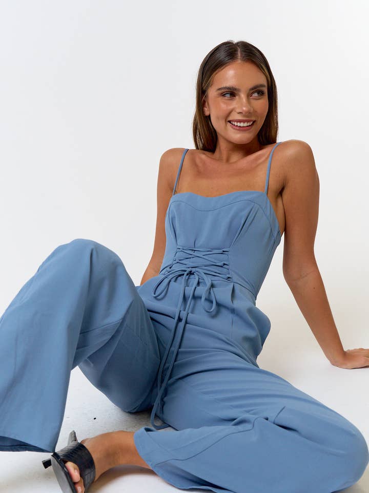 Lace Up Strappy Wide Leg Denim Jumpsuit for wholesale by Blue Blush