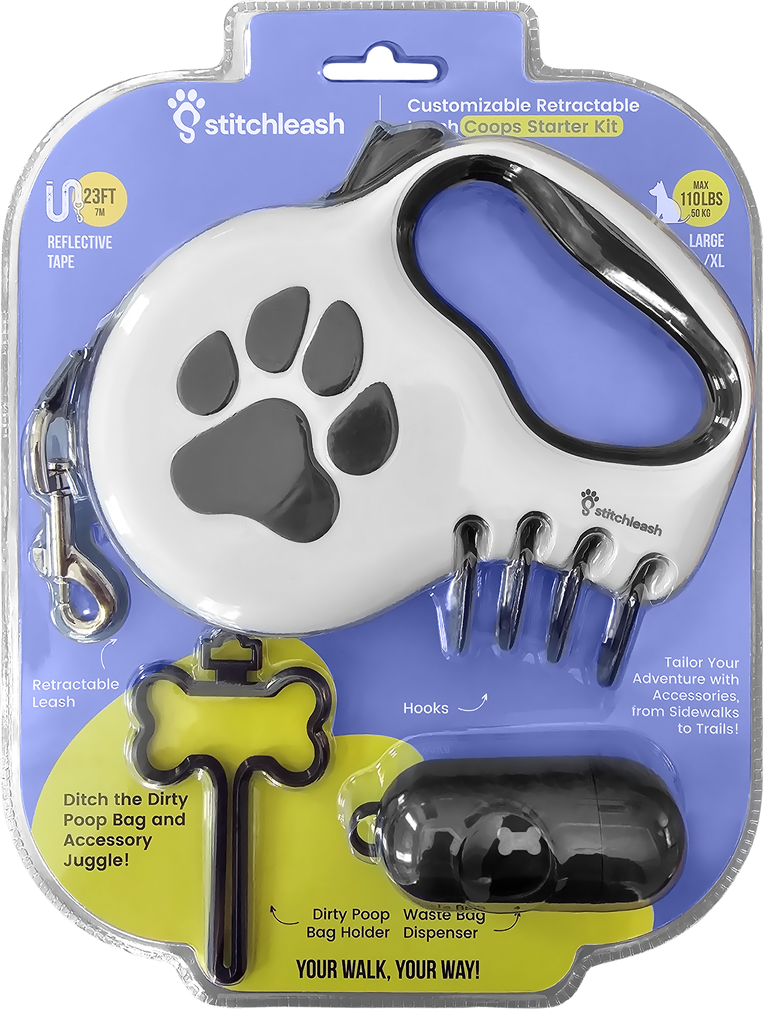 StitchLeash - Wholesale Pet Leash - Dog - StitchLeash® Coops Retractable Dog Leash with Clip & Go™ System – Black/White | 16–23 ft | 6 per case4