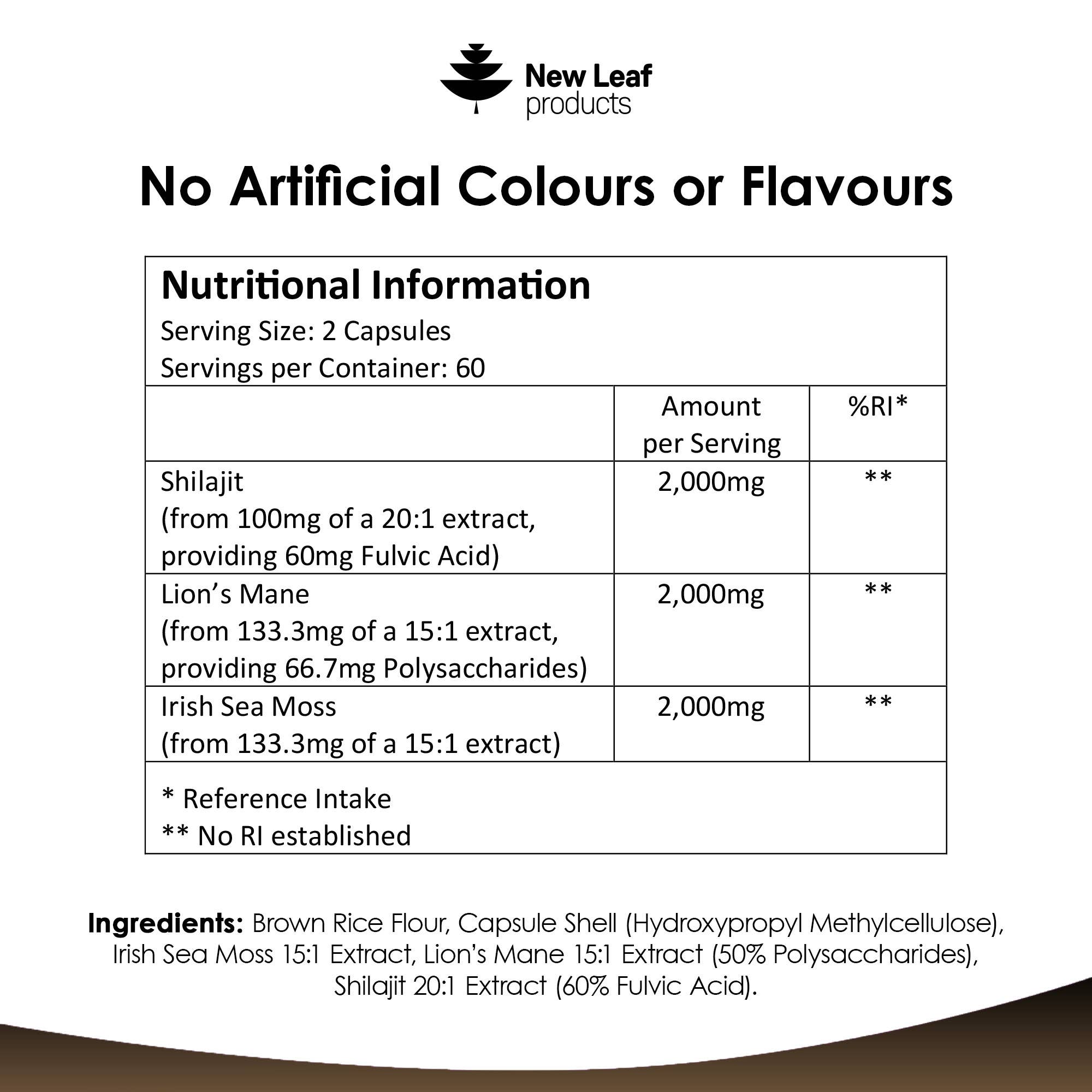 New Leaf products Ltd – wholesale Oral supplement/vitamin – Shilajit, Sea Moss & Lions Mane 6000mg Vegan Capsules5