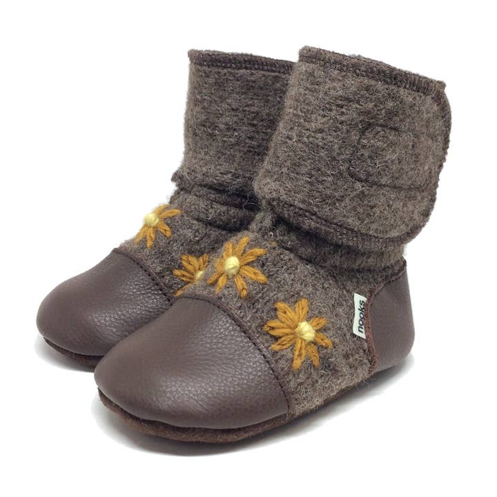 Sunflower Felted Wool Booties for wholesale by Nooks Design