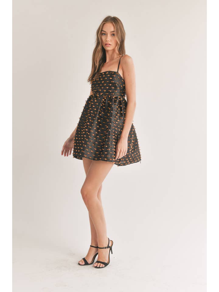 BLACK BROWN ID7139 TASSEL TEXTURED FABRIC BABY DOLL MINI DRESS for wholesale on Faire4