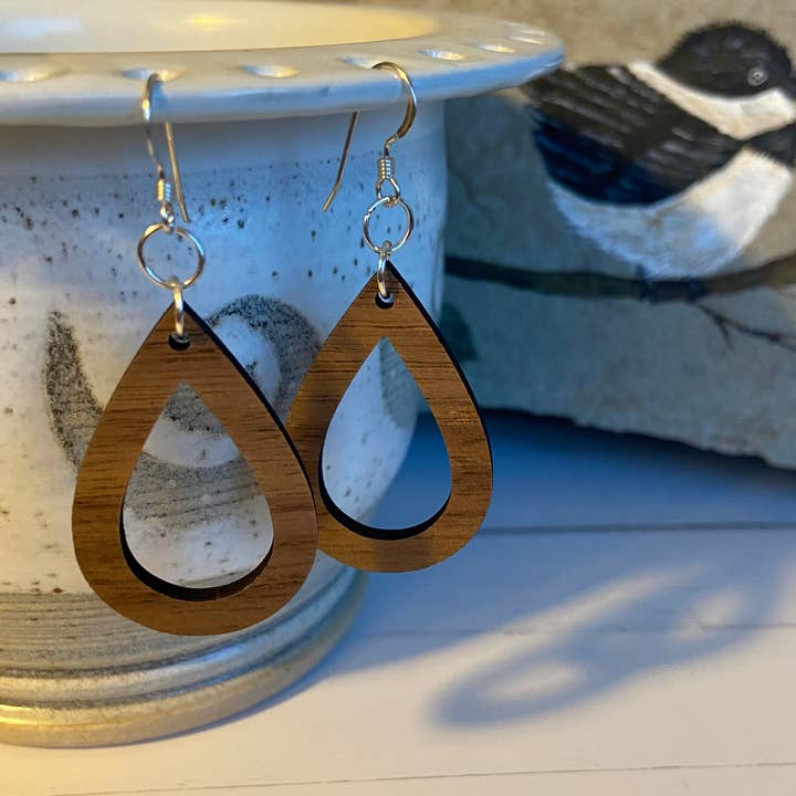 Walnut wood earrings - open teardrop for wholesale by Chickadee Creations