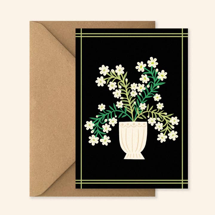 Petite carte de vœux noire avec des fleurs du jardin pour la vente par Kiran Ravilious