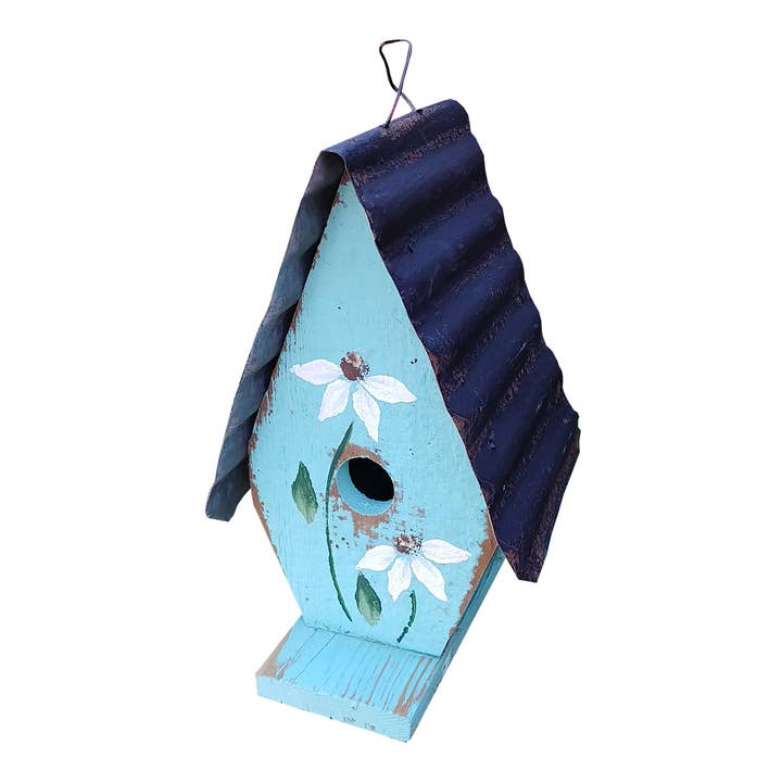 A Frame Birdhouse with Handpainted Flowers & Metal Roof for wholesale by Home Bazaar