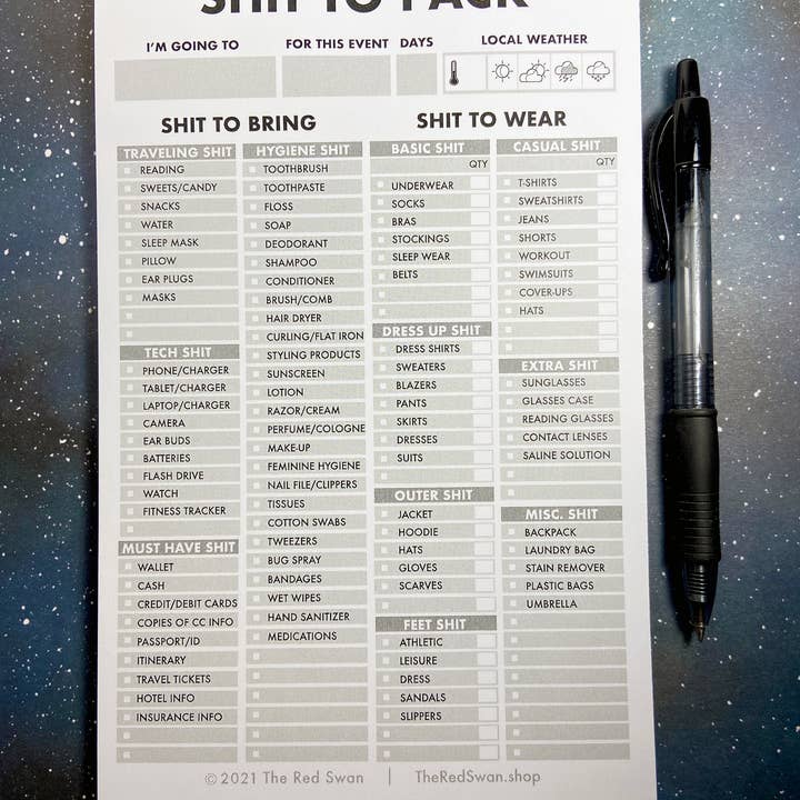 The Red Swan Shop - Wholesale Notepad - Stationery - Shit List - Pack List1