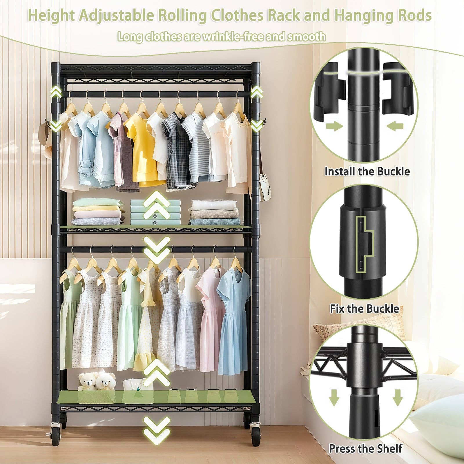 39F Inc. - Wholesale Coat Rack - Black Heavy Duty Rolling Clothes Rack with Shelves & Hooks6