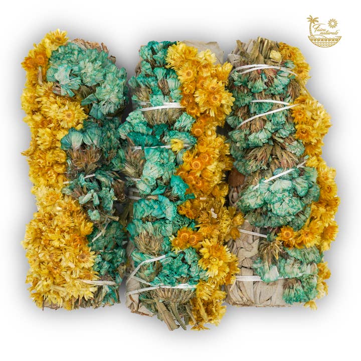 Turqoise and Yellow Sinuata Flower with White Sage Bundles for wholesale by Faiza Naturals