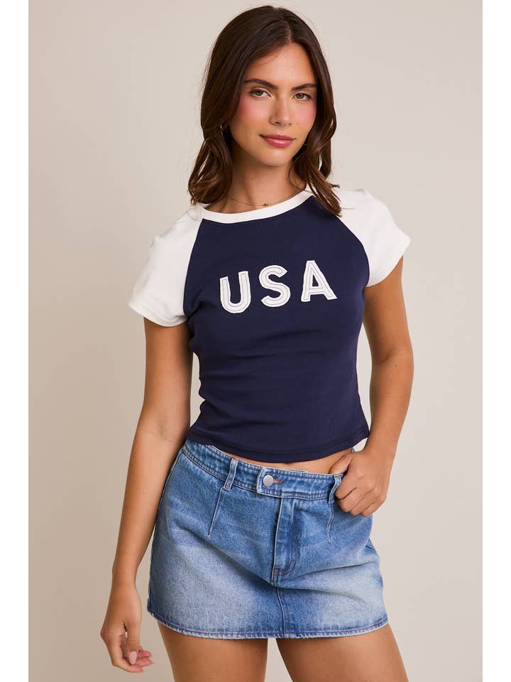 LE LIS - Wholesale Screen Printed T-Shirt - Women's - CAP SLEEVE USA BABY TEE1