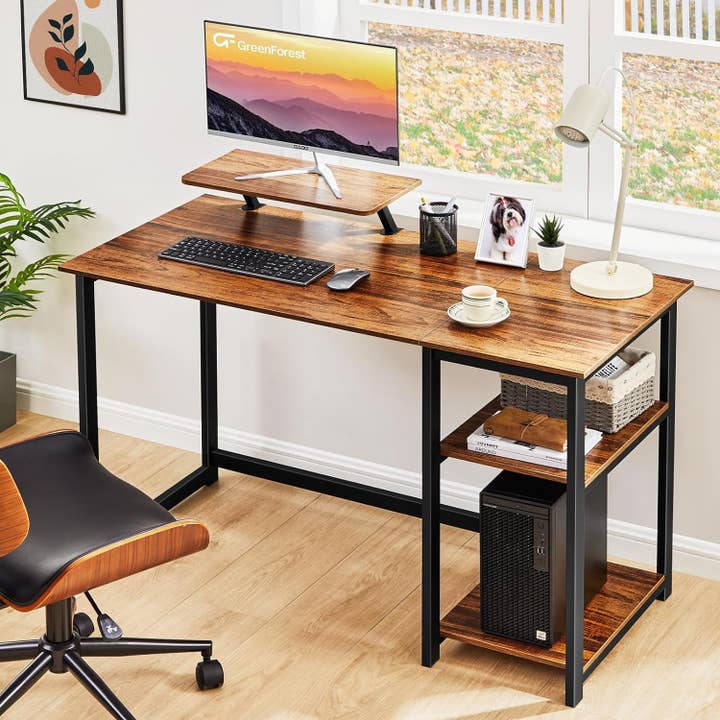 Walnut Compact Computer Desk with Monitor Stand and Shelves for wholesale on Faire