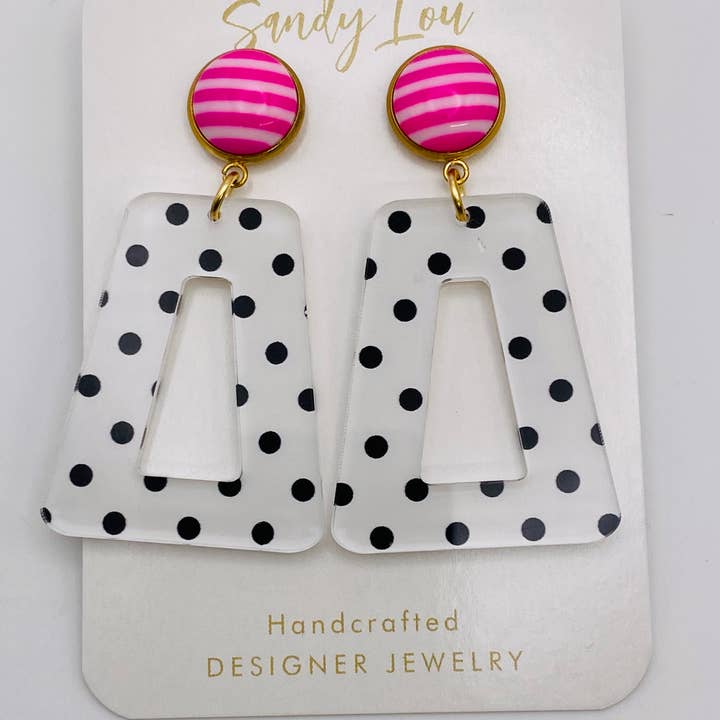 Sandy Lou Designs - Wholesale Dangle Earrings - Fun Polka Dots With Pink and White Stripe Button Earrings3