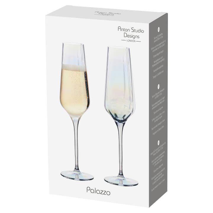 Anton Studio Designs - Wholesale Champagne Flute - Palazzo Iridescent Champagne Flutes, Set of 2 – Handcrafted Glassware