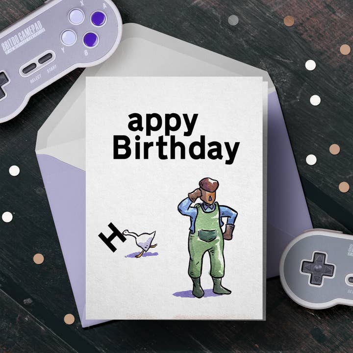Aaron Millard Illustration – postal de parabéns por atacado – “Appy Birthday” - Cartão de Aniversário do Goose Thief Funny Gamer