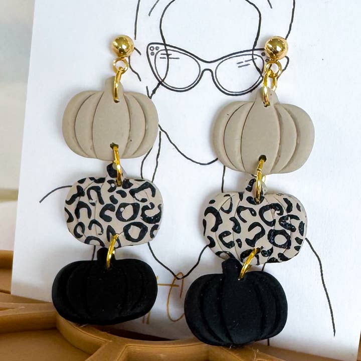 Pumpkin Trio Polymer Clay Earrings, Handmade Jewelry for wholesale by Britt Cimone
