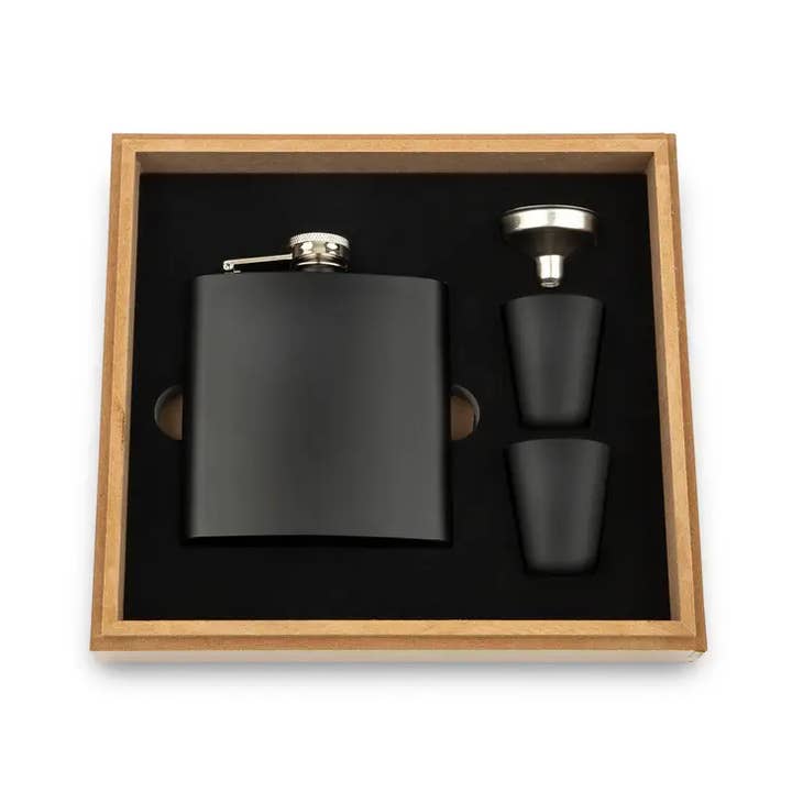 Weddingstar Inc. – wholesale Flask – Wood Gift Box & Black Metal Hip Flask Set - Blank