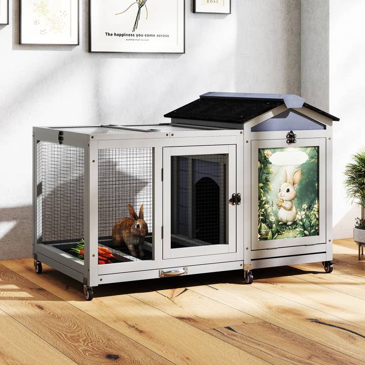 Grey Wooden Rabbit Hutch - Indoor/Outdoor, with Casters for wholesale by 39F Inc.