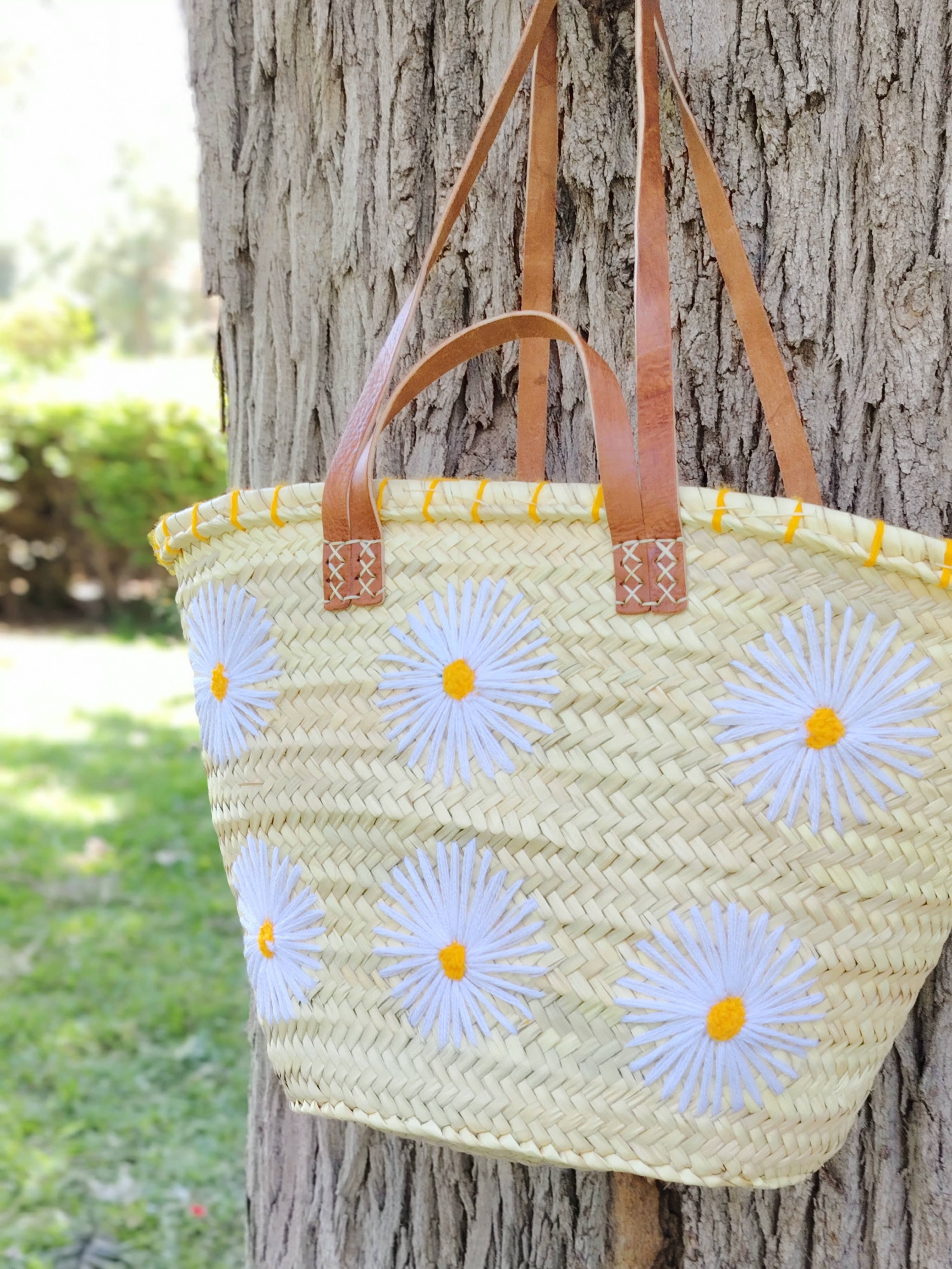 Twins Basket - Vente Sac de plage - Panier de marché en paille tressée à la main avec marguerites brodées11