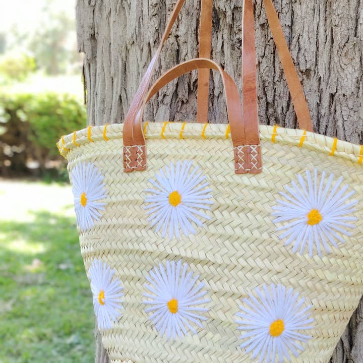 Twins Basket - Vente Sac de plage - Panier de marché en paille tressée à la main avec marguerites brodées11
