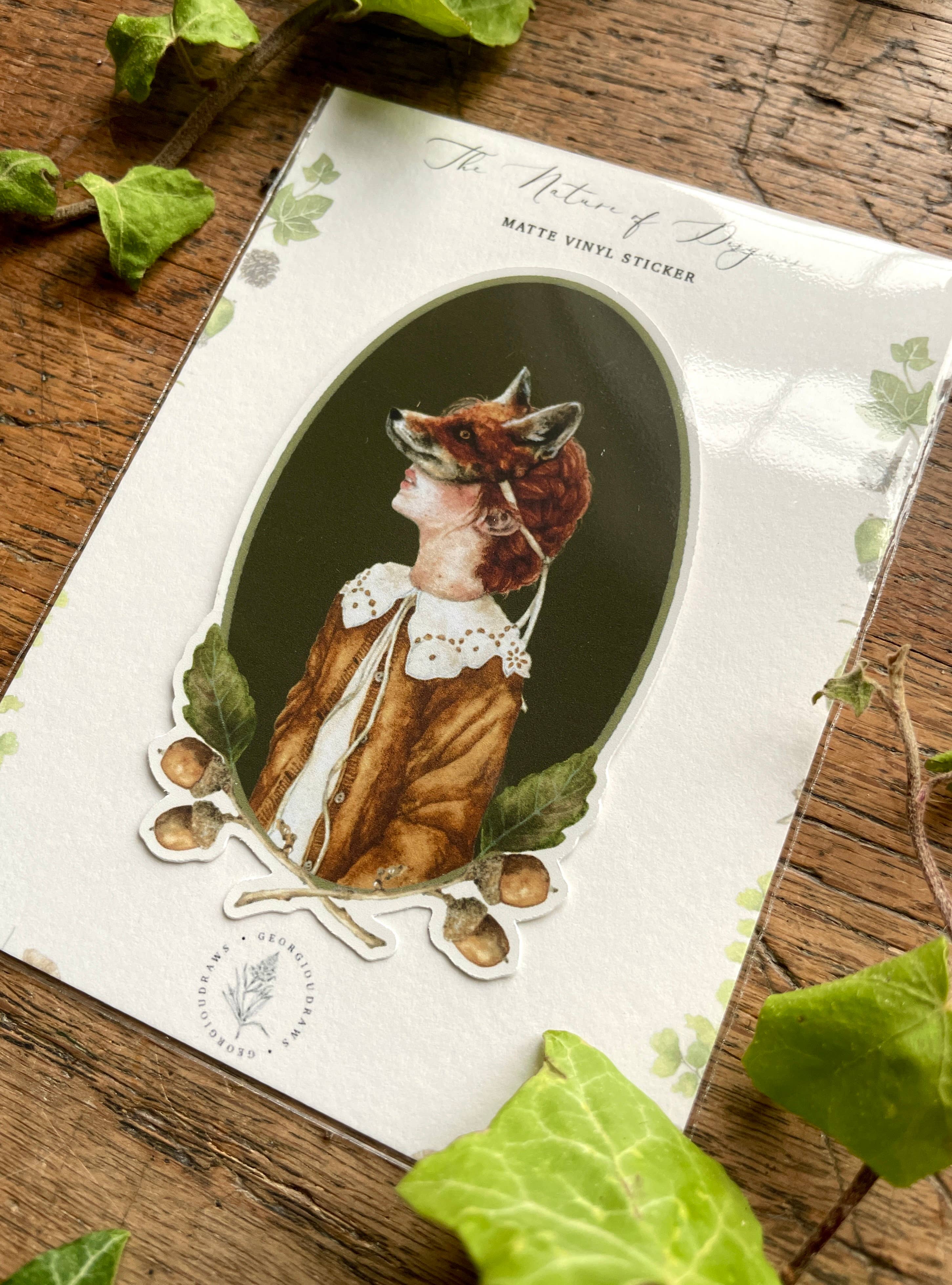 Georgiou Draws – wholesale Sticker – Girl in Fox Mask Oval Matt Vinyl Sticker | Curious Art3