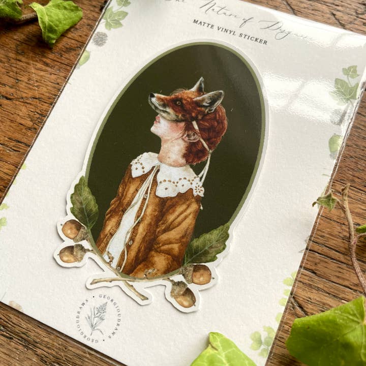 Georgiou Draws - Wholesale Sticker - Girl in Fox Mask Oval Matt Vinyl Sticker | Curious Art3