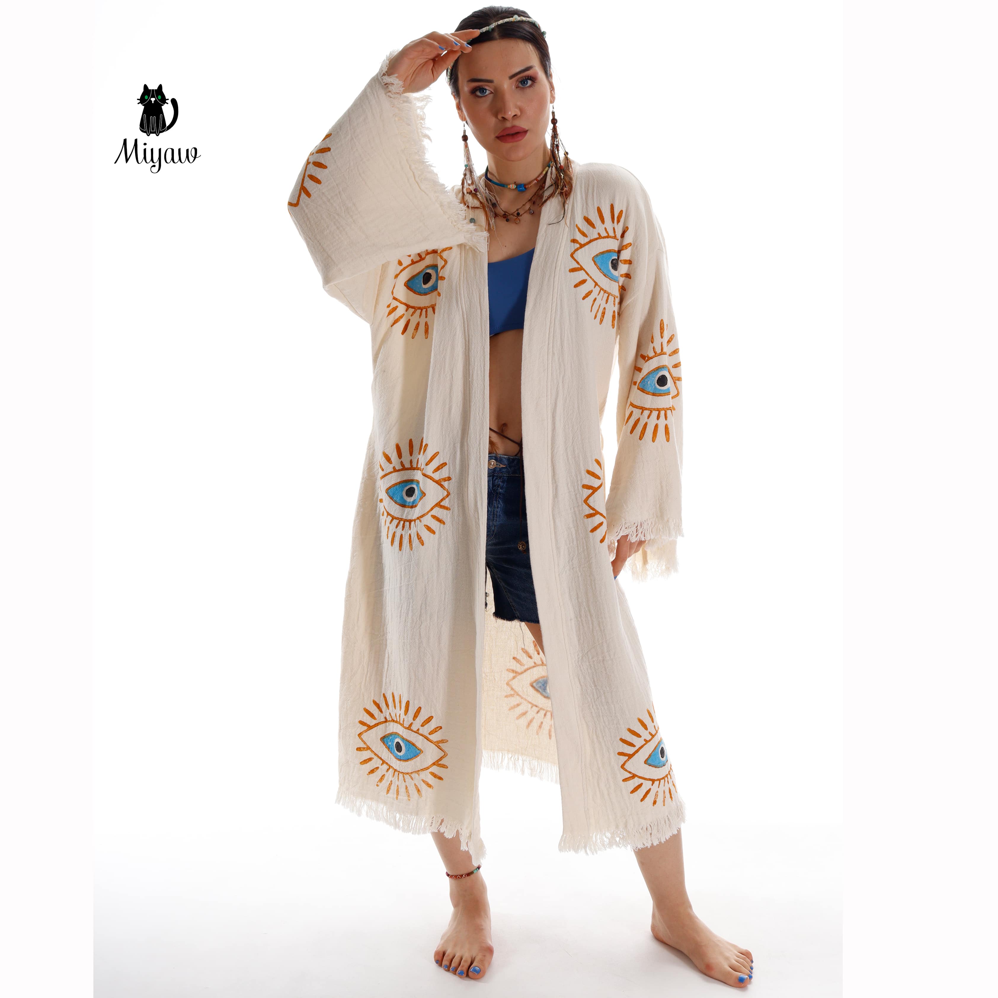Beige Evil Eye Handmade Cotton Kimono Robe - Eco-Friendly for wholesale on Faire2