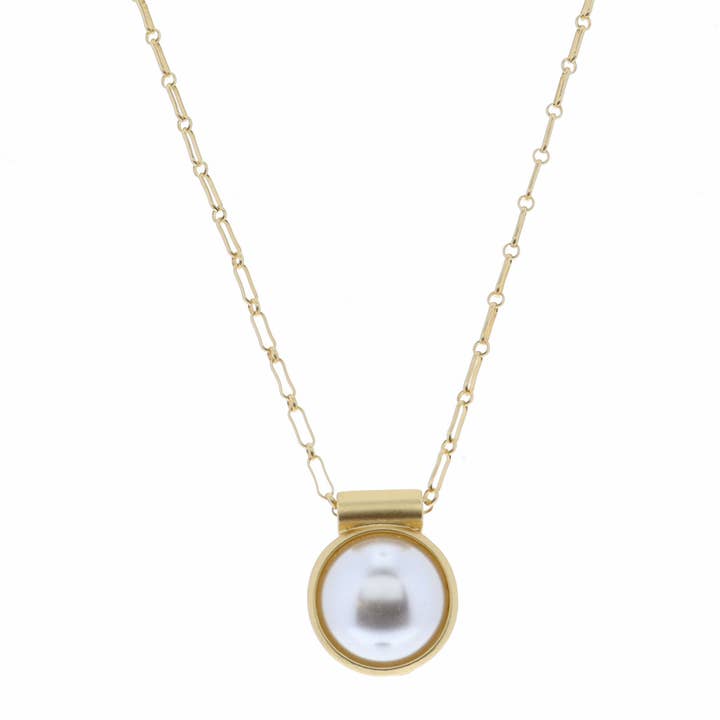 18" Encased Round Pearl Cabochon Necklace, 2" Ext. for wholesale by Jane Marie