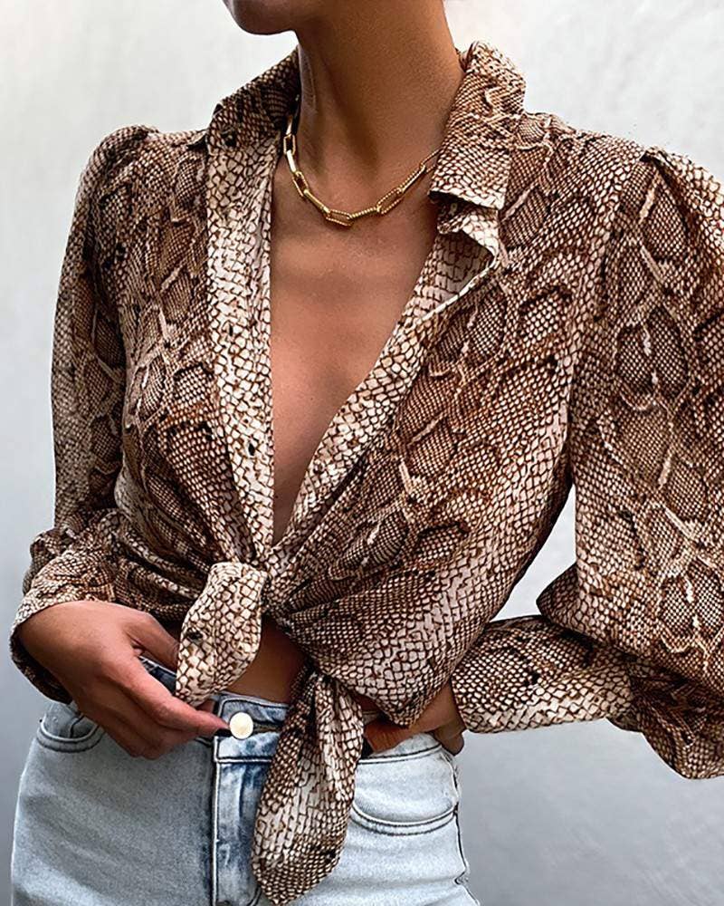 puff lantern sleeve snakeskin print knotted top for wholesale on Faire0