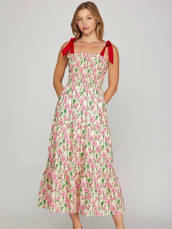 PL6154 - SMOCKED TUBE MAXI PRINTED WOVEN TIERED DRESS for wholesale by Peace Love Line