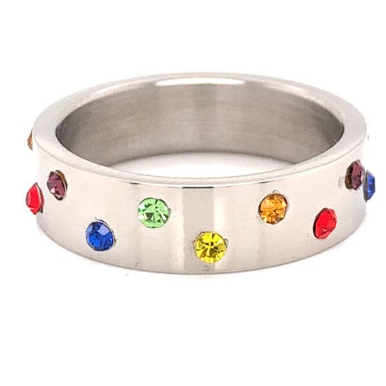 Rainbow CZ Stainless Steel Ring - Alternating Stone Design for wholesale by WJW