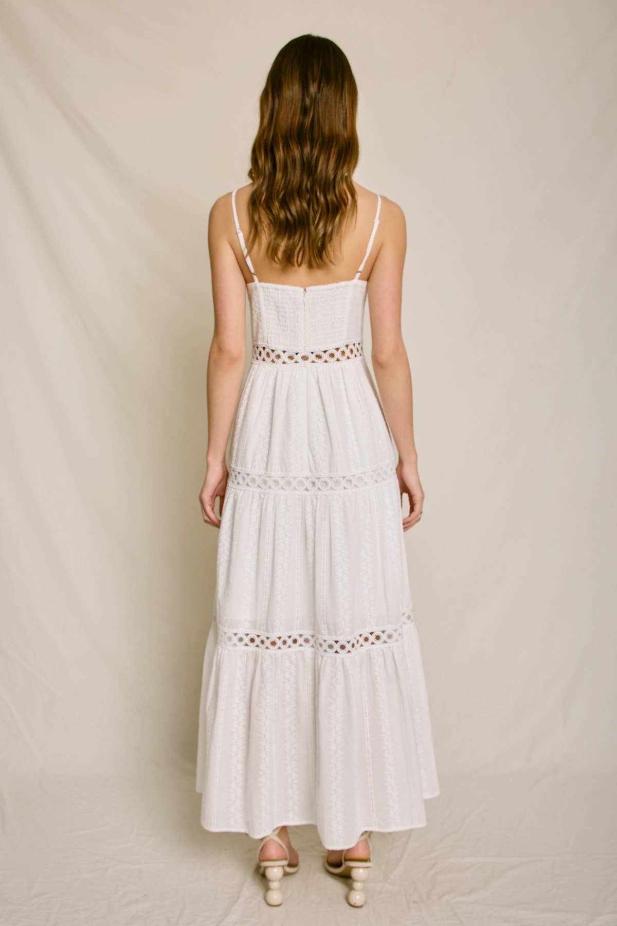 IVORY Sunbeam Eyelet Lace Inset Tiered Maxi Dress for wholesale on Faire2