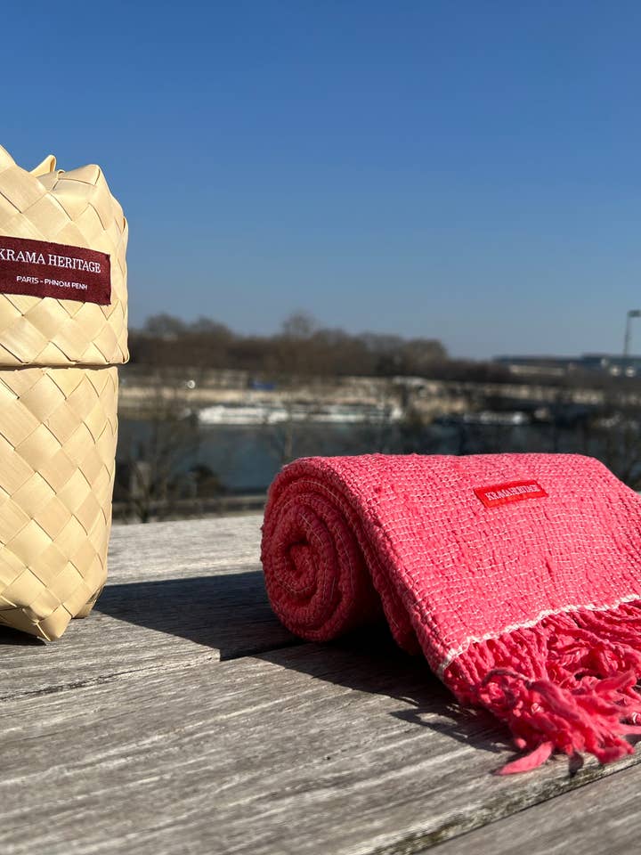 The Natural Raspberry Krama in its palm leaf case - Woman for wholesale by Krama Heritage