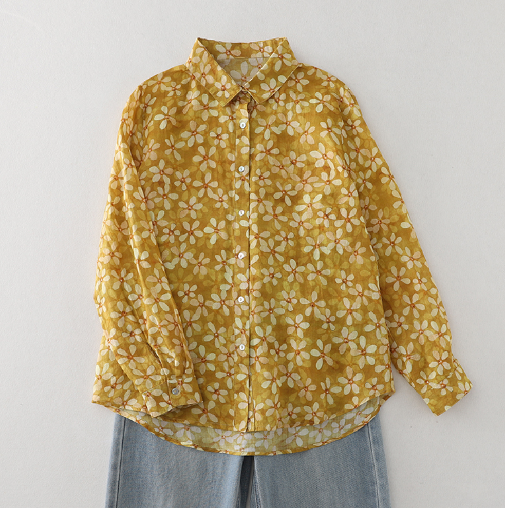 Whisper Mint - Wholesale Button Down Shirt - Women's - Cotton Floral Shirt| Versatile Yellow Printed Blouse| 4 pcs1