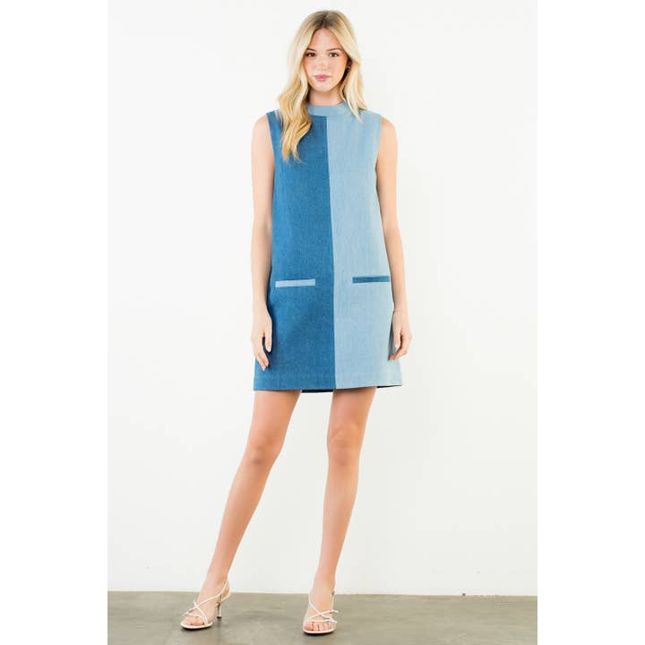 Sleveeless Colorblocked Denim Dress for wholesale by THML