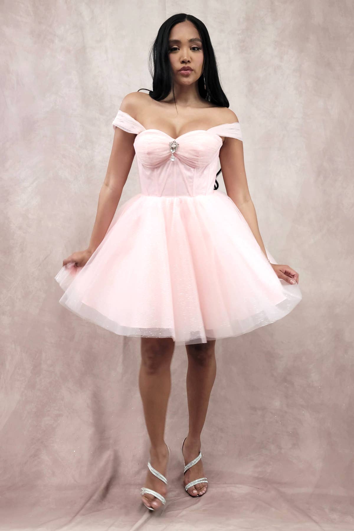 Chicas - Wholesale Dress - Women's - Short Off The Shoulder Tulle Dress With Brooch15