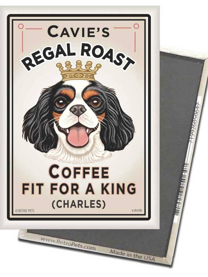 Confezione da 4 Magneti Cavie's Regal Roast/Tricolor Cavalier per la vendita all'ingrosso da parte di Retro Pets