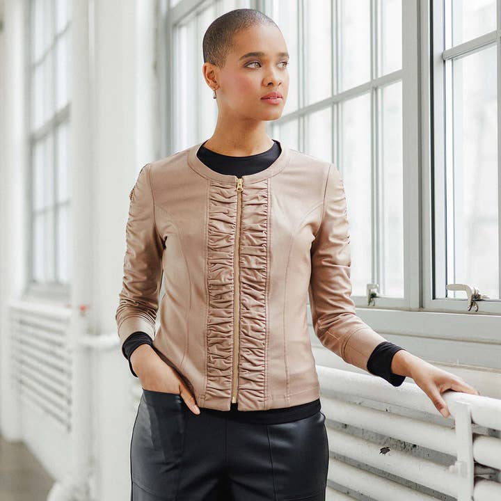 Clara Sunwoo - Wholesale Leather Jacket - Women's - JK83 - Liquid Leather â„¢ Ruched Detail Jacket