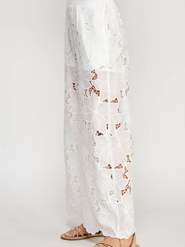 Ellison - Wholesale Pants - Women's - TP-10274-6 FLORAL LACE WIDE-LEG PANTS OFF WHITE